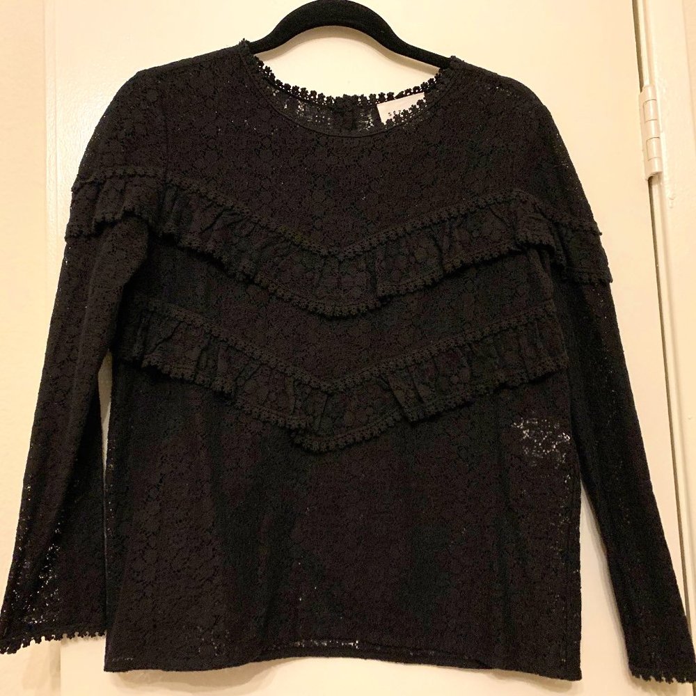 Sezane black lace long-sleeve shirt with ruffles